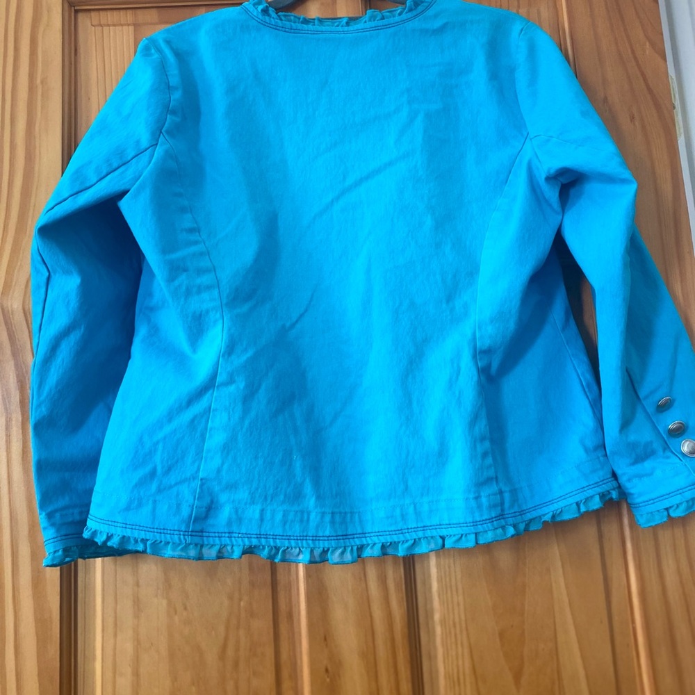 Joan Rivers Turquoise Ruffle Trim Jacket Silver Buttons Size 10 - Picture 6 of 9